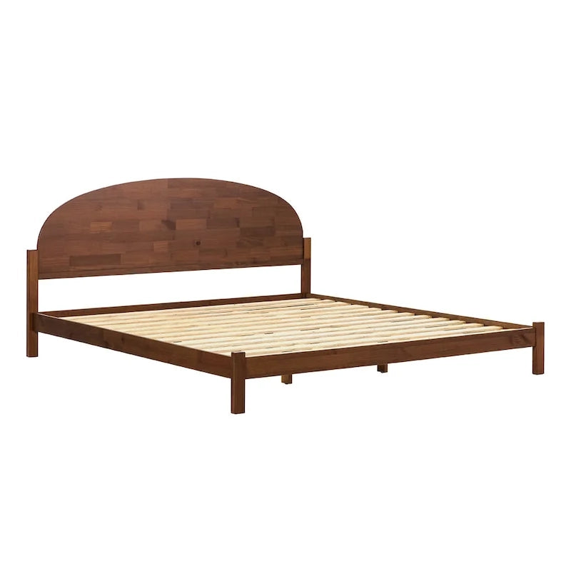 Lit plateforme king size à tête de lit arquée, blanc cérusé/marron, pour 1