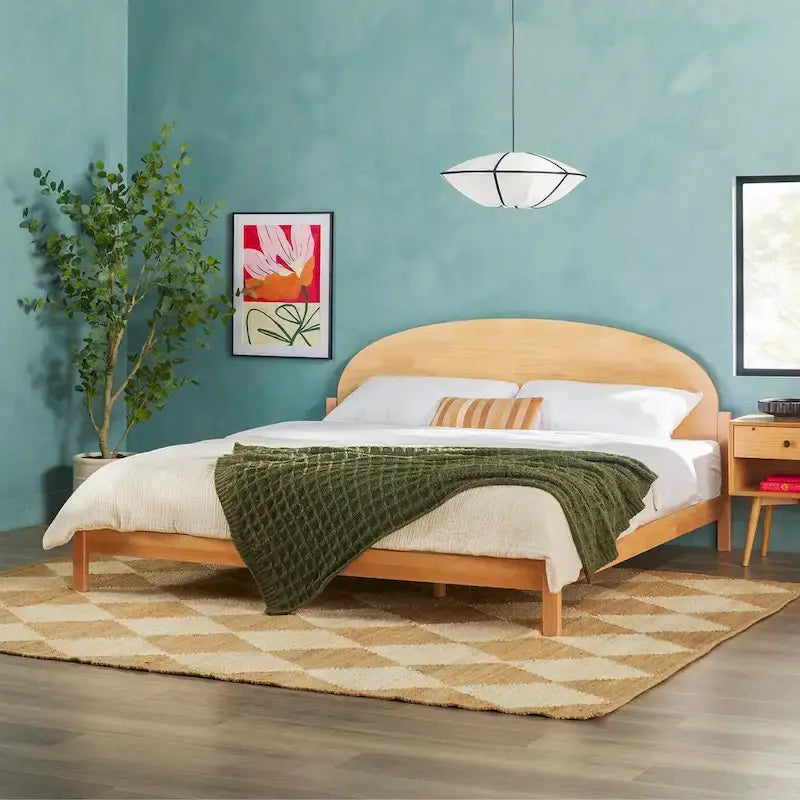Lit plateforme king size à tête de lit arquée, blanc cérusé/marron, pour 1