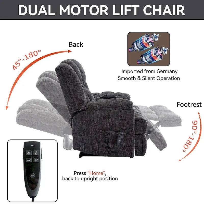 Fauteuil inclinable releveur en chenille grise avec massage et chauffage, 1 personne