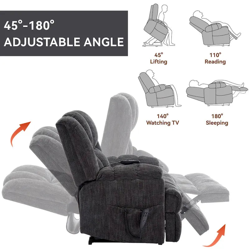 Fauteuil inclinable releveur en chenille grise avec massage et chauffage, 1 personne