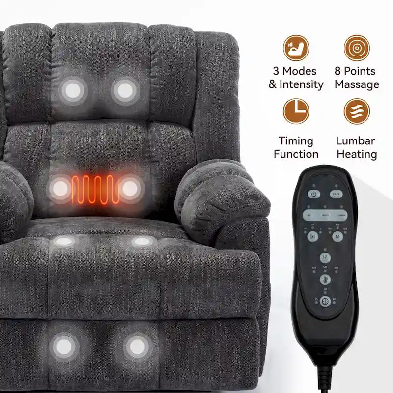 Fauteuil inclinable releveur en chenille grise avec massage et chauffage, 1 personne