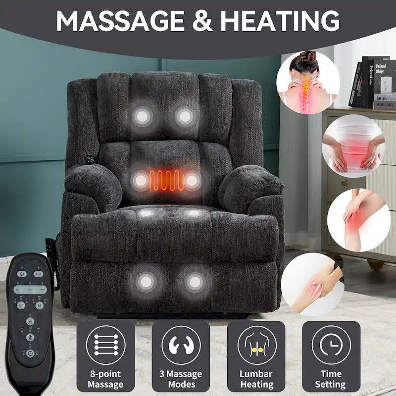 Fauteuil inclinable releveur en chenille grise avec massage et chauffage, 1 personne