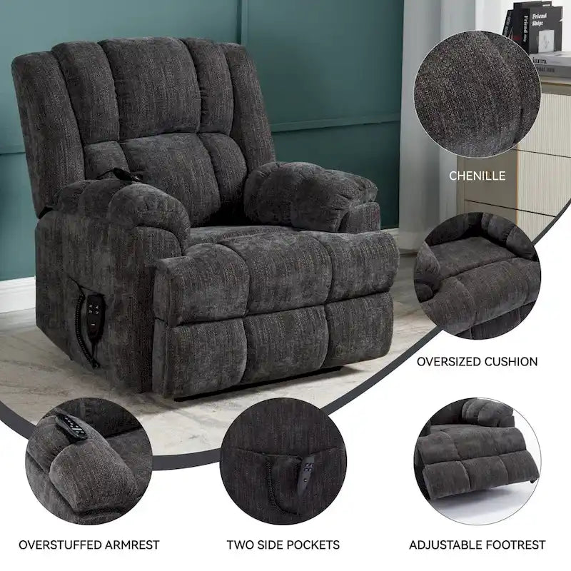 Fauteuil inclinable releveur en chenille grise avec massage et chauffage, 1 personne