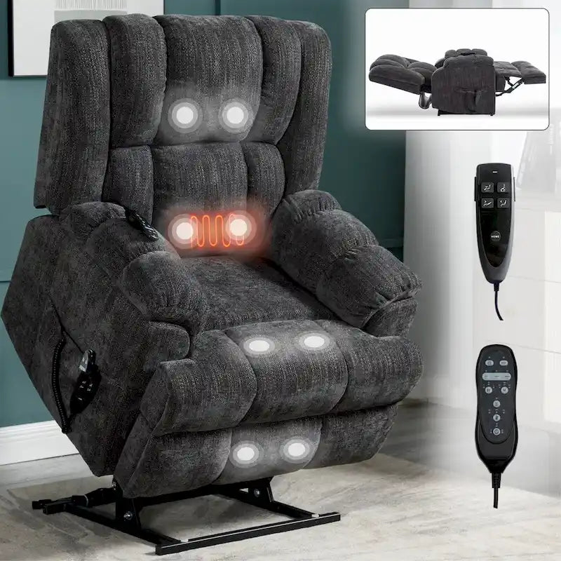 Fauteuil inclinable releveur en chenille grise avec massage et chauffage, 1 personne