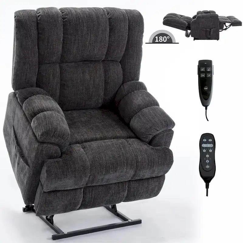 Fauteuil inclinable releveur en chenille grise avec massage et chauffage, 1 personne