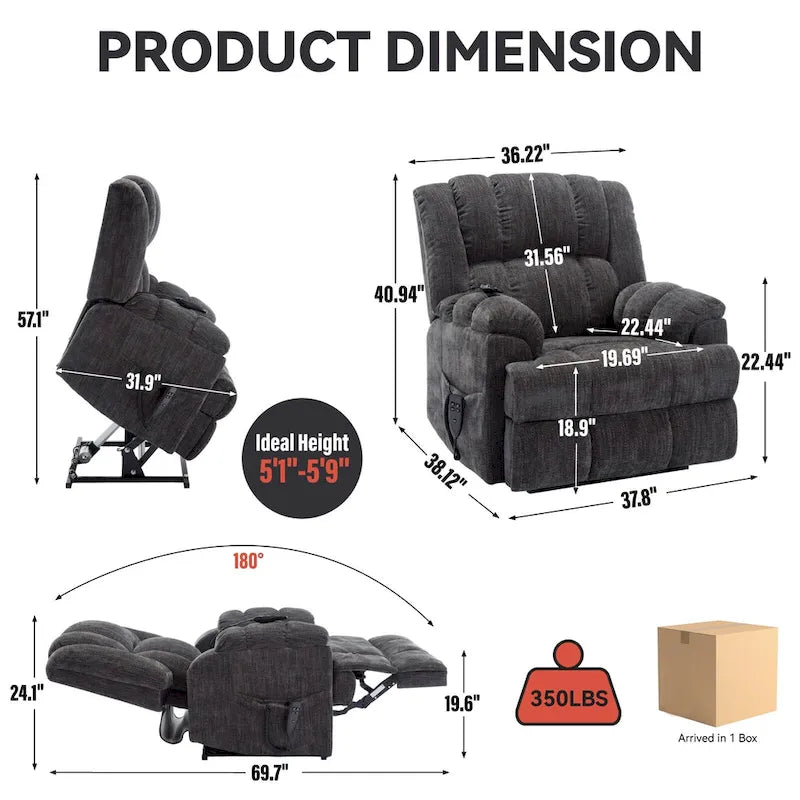 Fauteuil inclinable releveur en chenille grise avec massage et chauffage, 1 personne