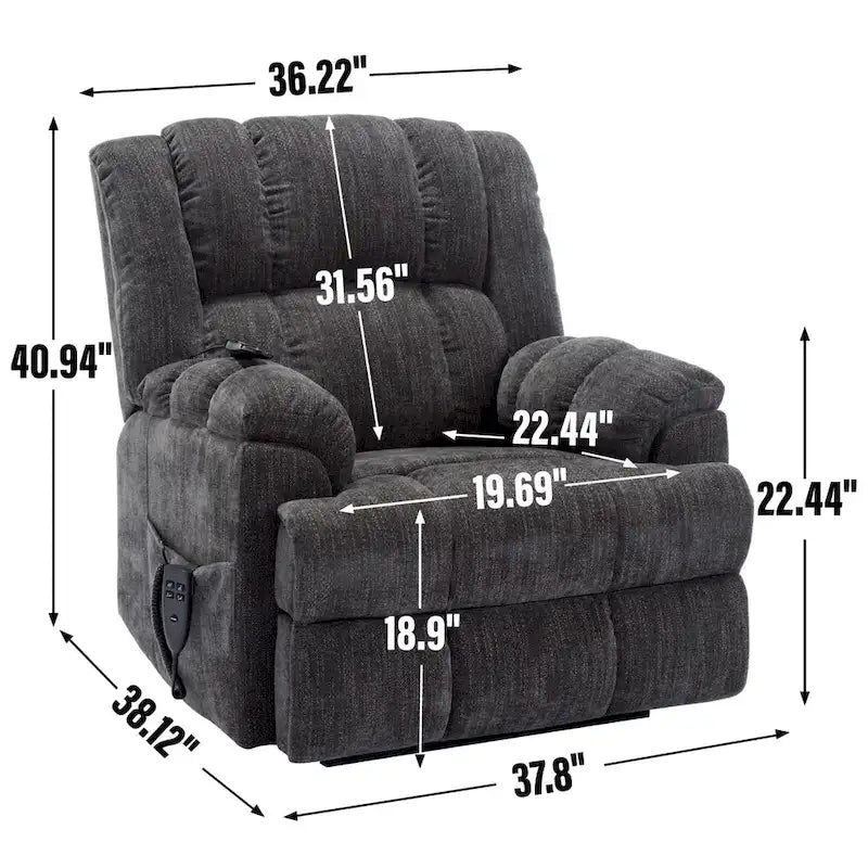 Fauteuil inclinable releveur en chenille grise avec massage et chauffage, 1 personne