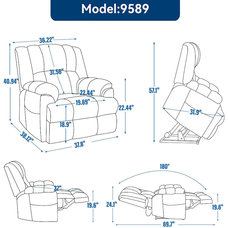 Fauteuil inclinable releveur en chenille grise avec massage et chauffage, 1 personne