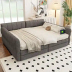 Lit de repos capitonné Queen gris avec tiroirs de rangement et ports USB, couchage simple