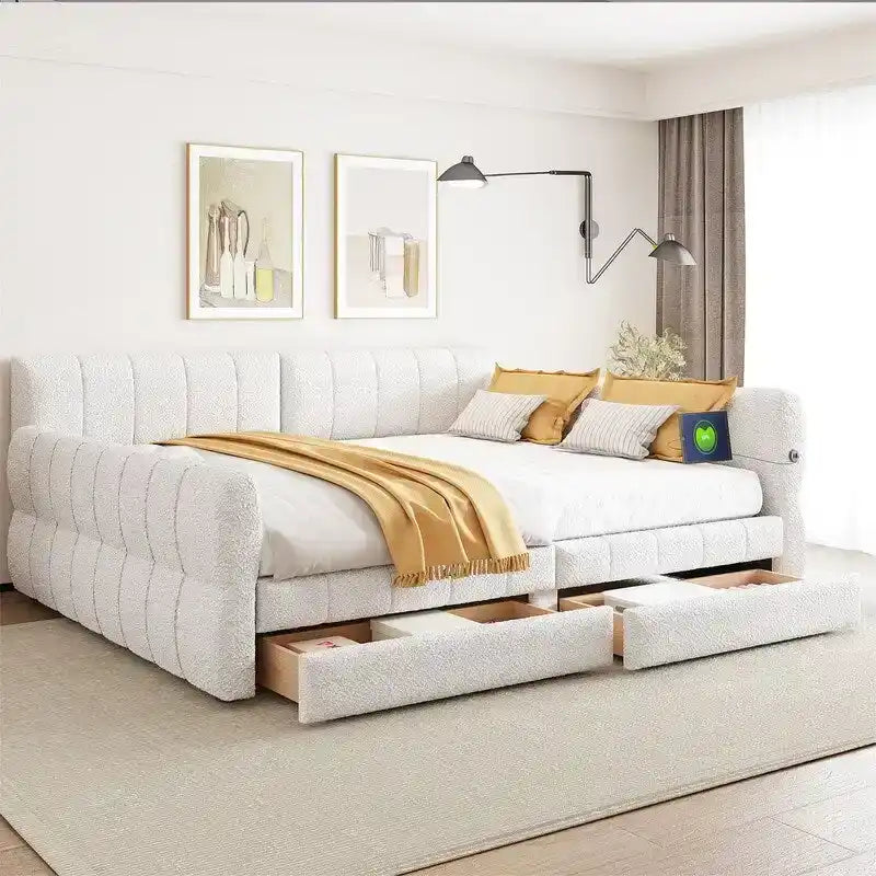 Lit de repos capitonné Queen gris avec tiroirs de rangement et ports USB, couchage simple