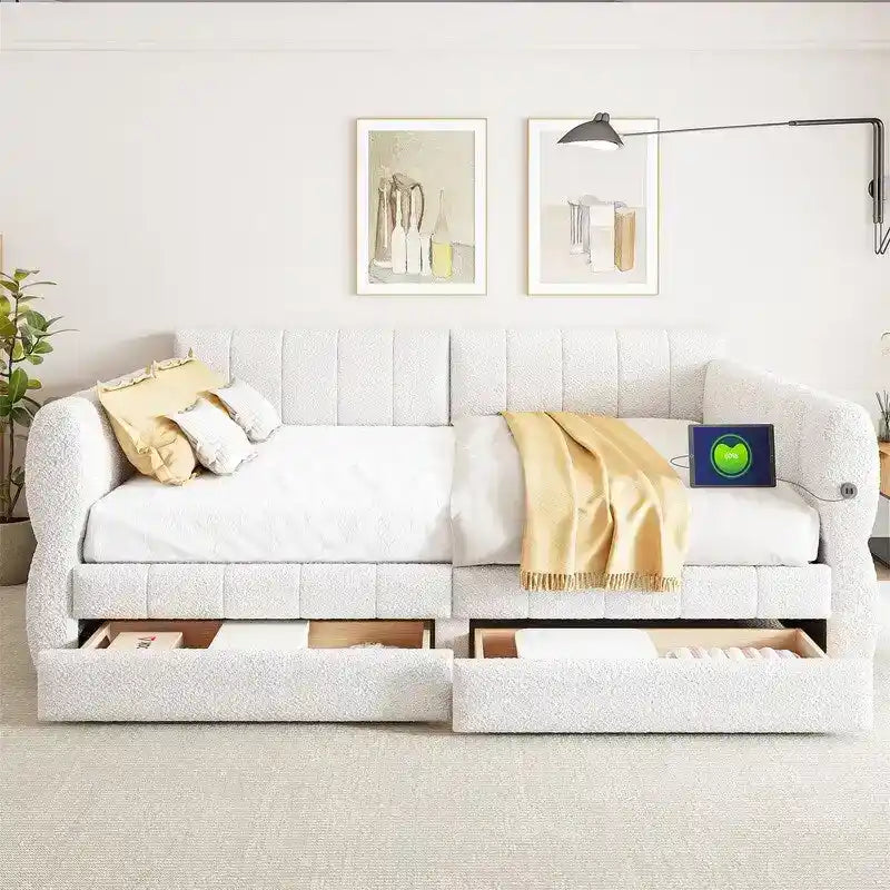 Lit de repos capitonné Queen gris avec tiroirs de rangement et ports USB, couchage simple