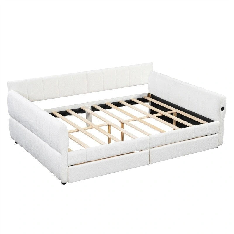 Lit de repos capitonné Queen gris avec tiroirs de rangement et ports USB, couchage simple