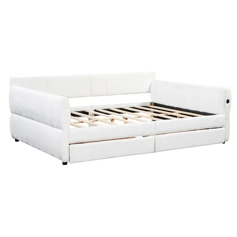 Lit de repos capitonné Queen gris avec tiroirs de rangement et ports USB, couchage simple