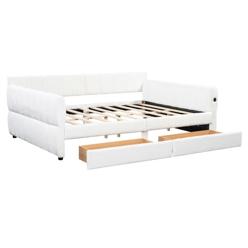 Lit de repos capitonné Queen gris avec tiroirs de rangement et ports USB, couchage simple