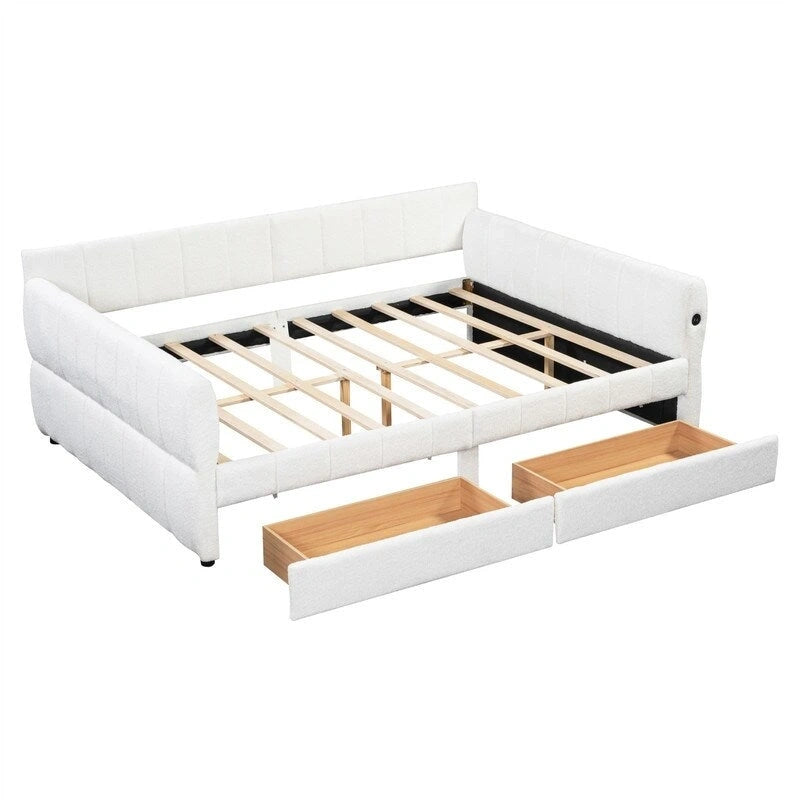 Lit de repos capitonné Queen gris avec tiroirs de rangement et ports USB, couchage simple