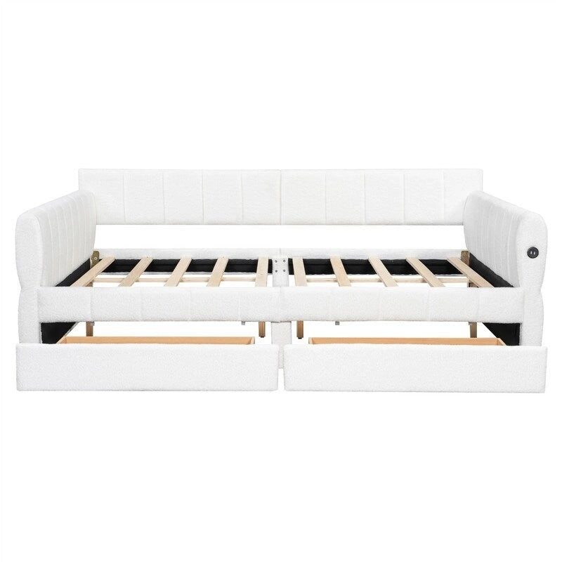 Lit de repos capitonné Queen gris avec tiroirs de rangement et ports USB, couchage simple