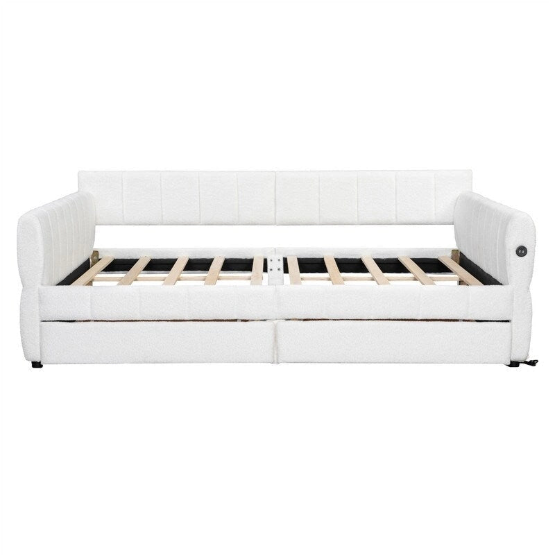 Lit de repos capitonné Queen gris avec tiroirs de rangement et ports USB, couchage simple