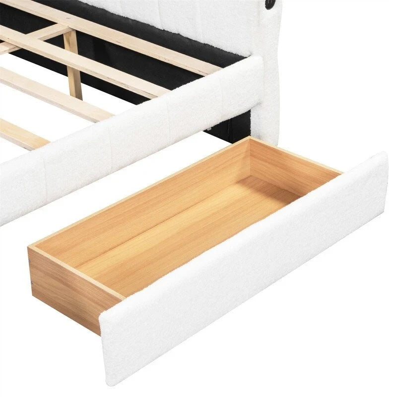 Lit de repos capitonné Queen gris avec tiroirs de rangement et ports USB, couchage simple
