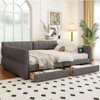 Lit de repos capitonné Queen gris avec tiroirs de rangement et ports USB, couchage simple