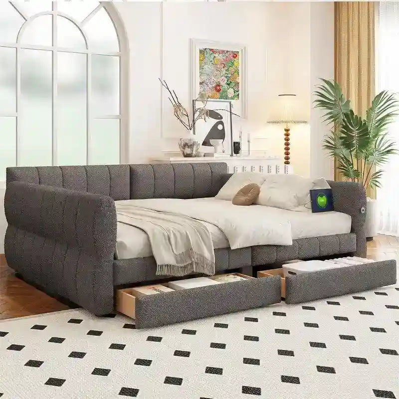 Lit de repos capitonné Queen gris avec tiroirs de rangement et ports USB, couchage simple