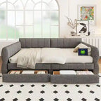 Lit de repos capitonné Queen gris avec tiroirs de rangement et ports USB, couchage simple