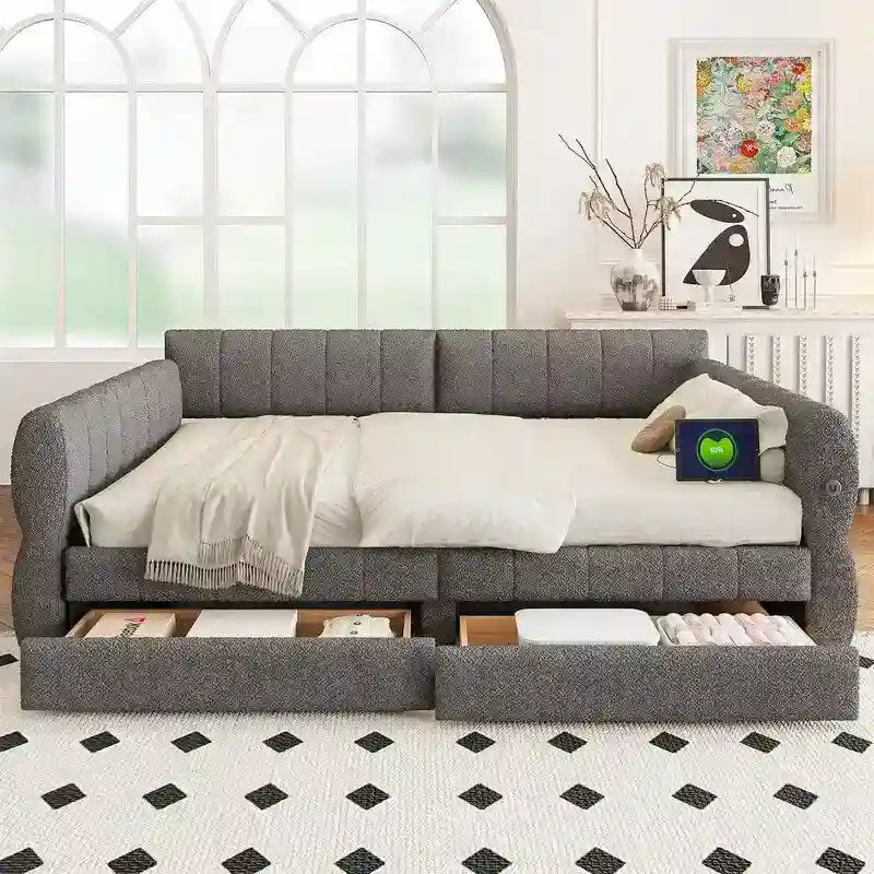 Lit de repos capitonné Queen gris avec tiroirs de rangement et ports USB, couchage simple
