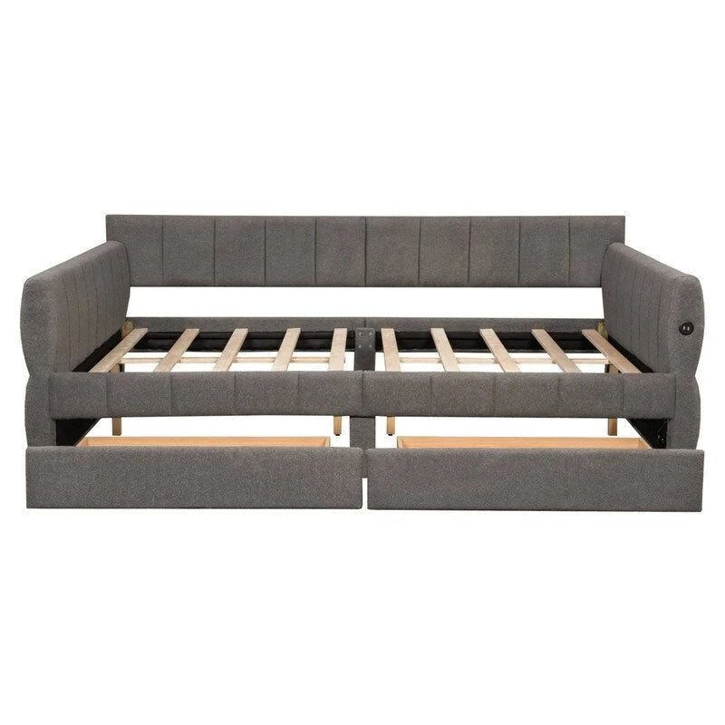 Lit de repos capitonné Queen gris avec tiroirs de rangement et ports USB, couchage simple