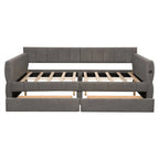 Lit de repos capitonné Queen gris avec tiroirs de rangement et ports USB, couchage simple