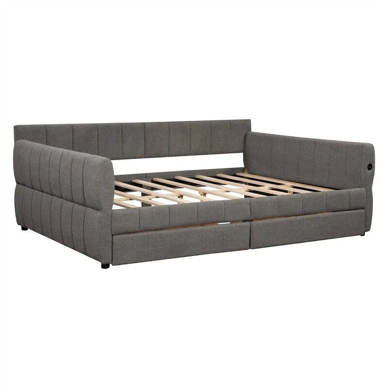 Lit de repos capitonné Queen gris avec tiroirs de rangement et ports USB, couchage simple