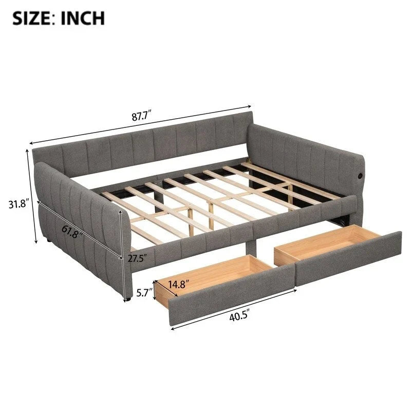 Lit de repos capitonné Queen gris avec tiroirs de rangement et ports USB, couchage simple