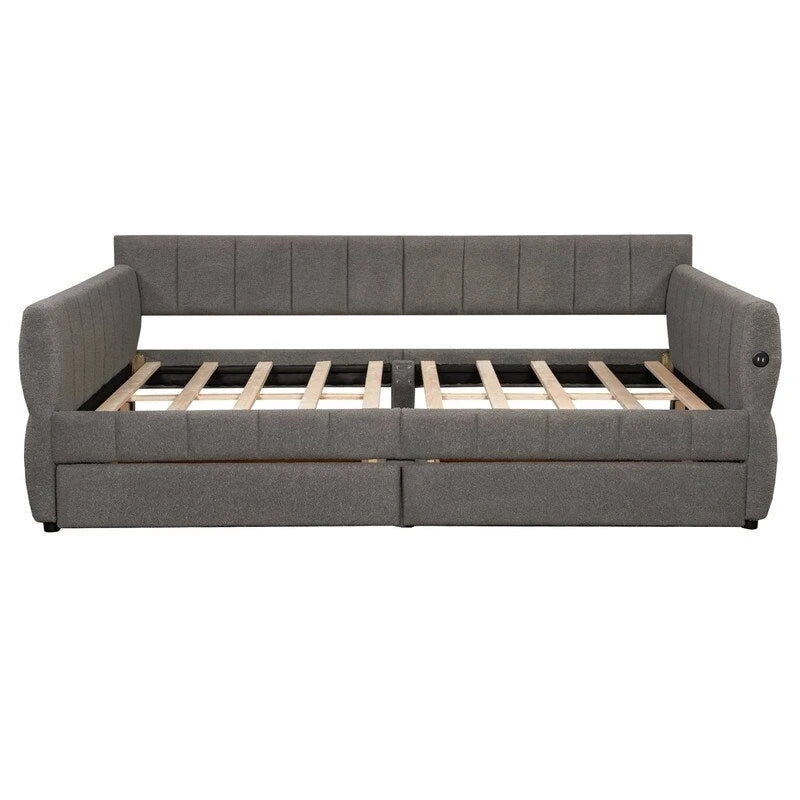 Lit de repos capitonné Queen gris avec tiroirs de rangement et ports USB, couchage simple