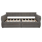 Lit de repos capitonné Queen gris avec tiroirs de rangement et ports USB, couchage simple