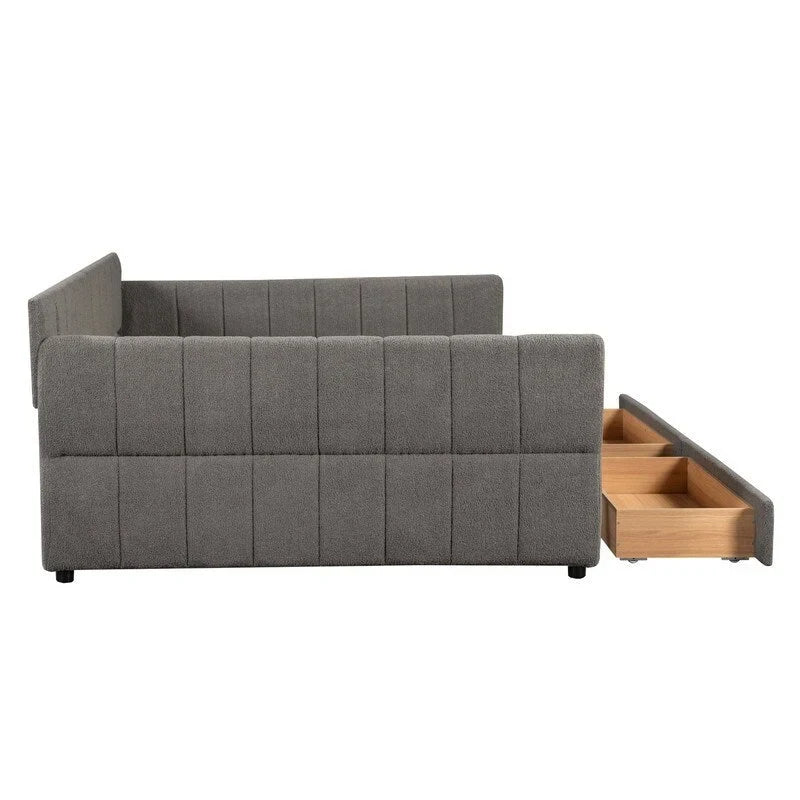 Lit de repos capitonné Queen gris avec tiroirs de rangement et ports USB, couchage simple