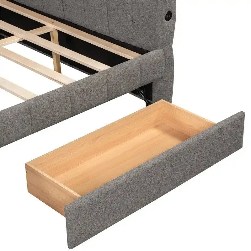 Lit de repos capitonné Queen gris avec tiroirs de rangement et ports USB, couchage simple
