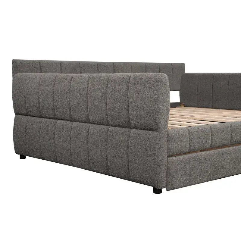 Lit de repos capitonné Queen gris avec tiroirs de rangement et ports USB, couchage simple