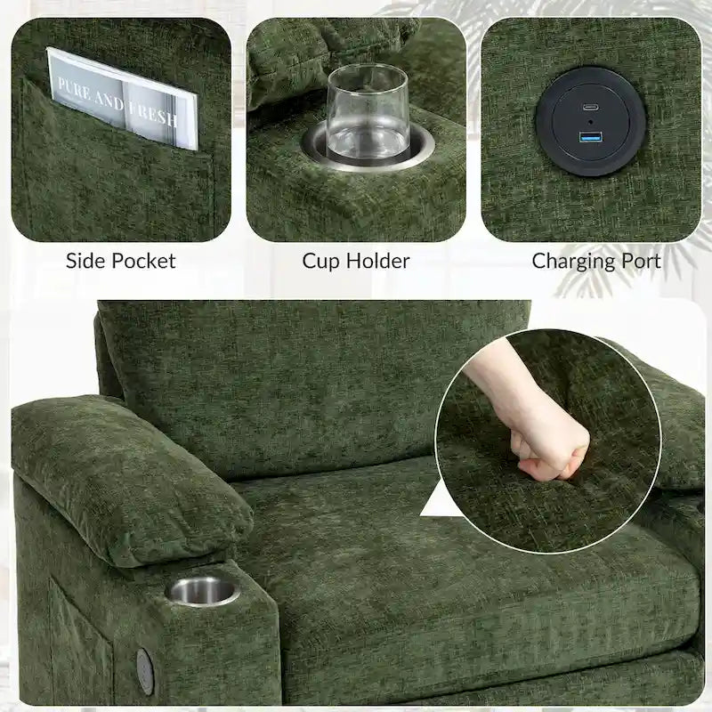 Fauteuil de relaxation vert surdimensionné avec ottoman, 1 place