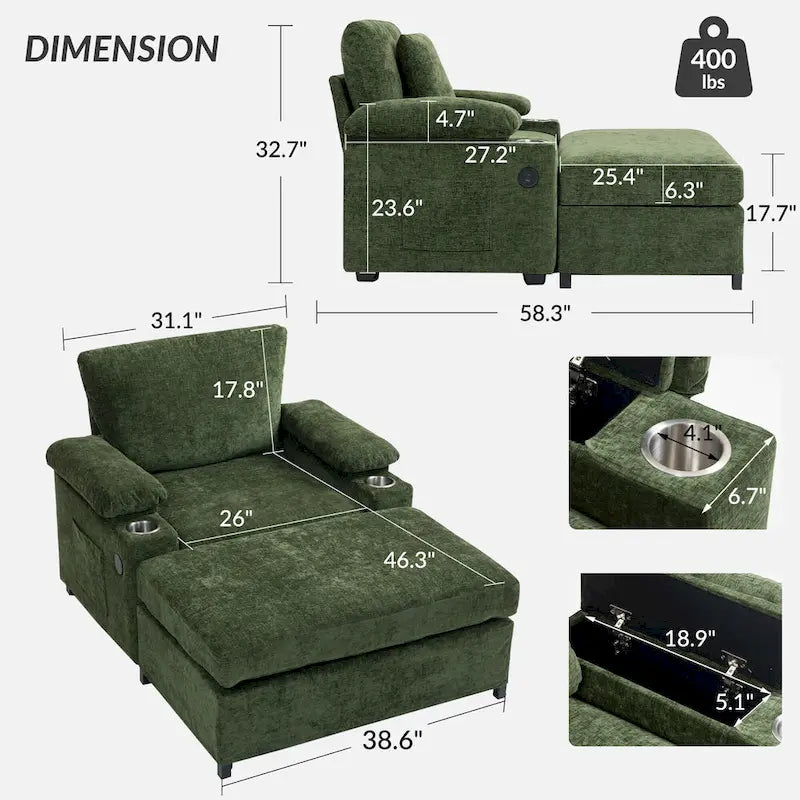 Fauteuil de relaxation vert surdimensionné avec ottoman, 1 place