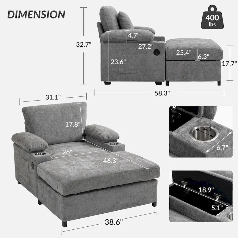 Fauteuil de relaxation vert surdimensionné avec ottoman, 1 place