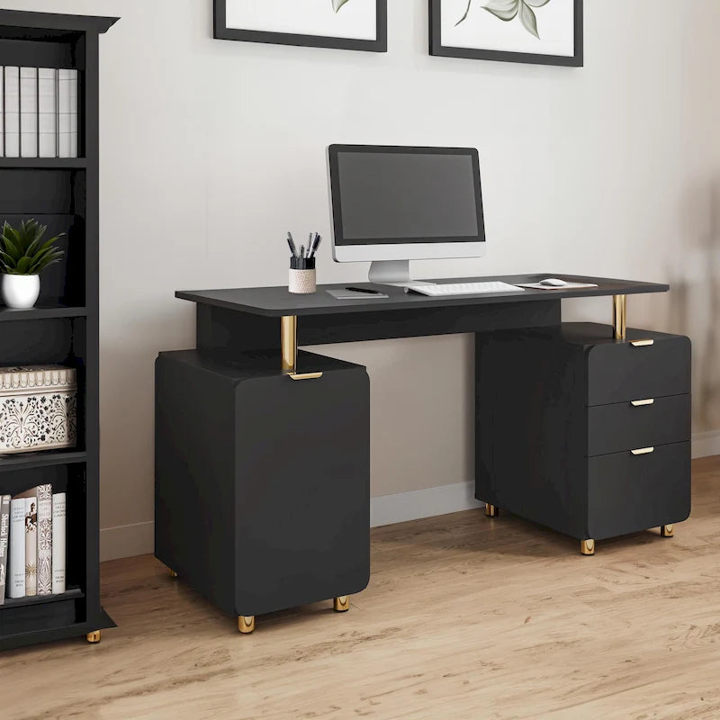 Bureau de direction blanc/noir et or avec 3 tiroirs et caisson, 1 personne