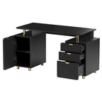 Bureau de direction blanc/noir et or avec 3 tiroirs et caisson, 1 personne