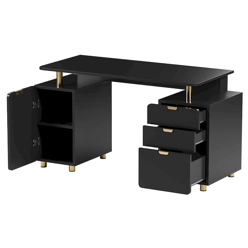 Bureau de direction blanc/noir et or avec 3 tiroirs et caisson, 1 personne