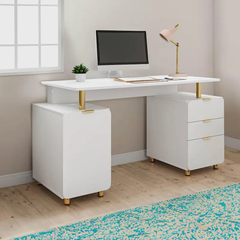 Bureau de direction blanc/noir et or avec 3 tiroirs et caisson, 1 personne