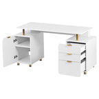 Bureau de direction blanc/noir et or avec 3 tiroirs et caisson, 1 personne