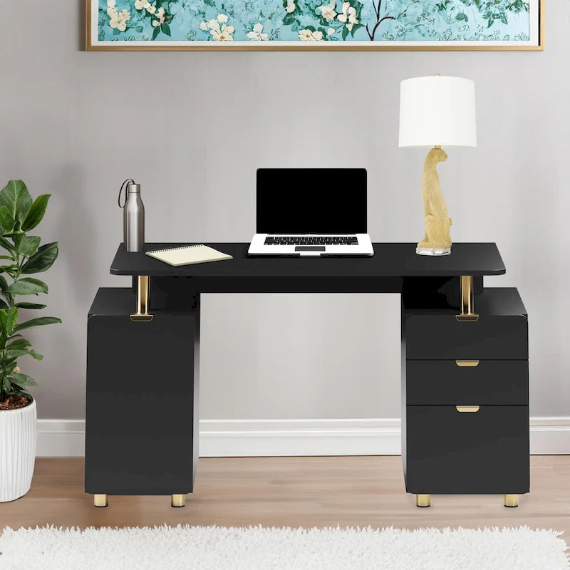 Bureau de direction blanc/noir et or avec 3 tiroirs et caisson, 1 personne