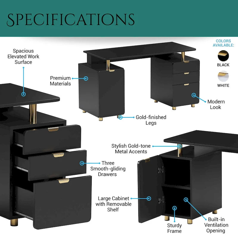 Bureau de direction blanc/noir et or avec 3 tiroirs et caisson, 1 personne