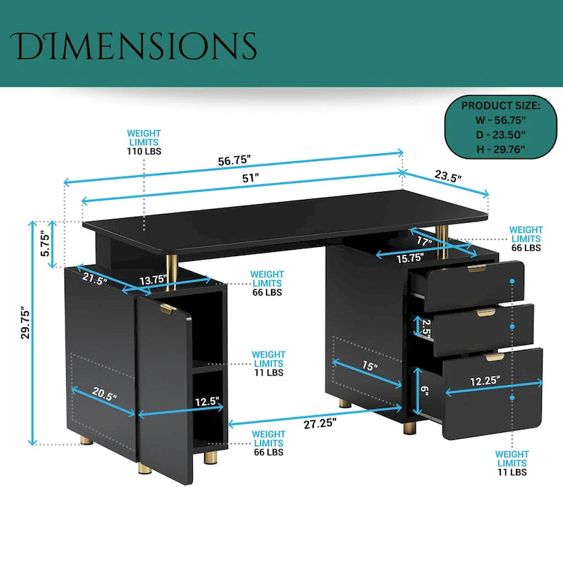 Bureau de direction blanc/noir et or avec 3 tiroirs et caisson, 1 personne