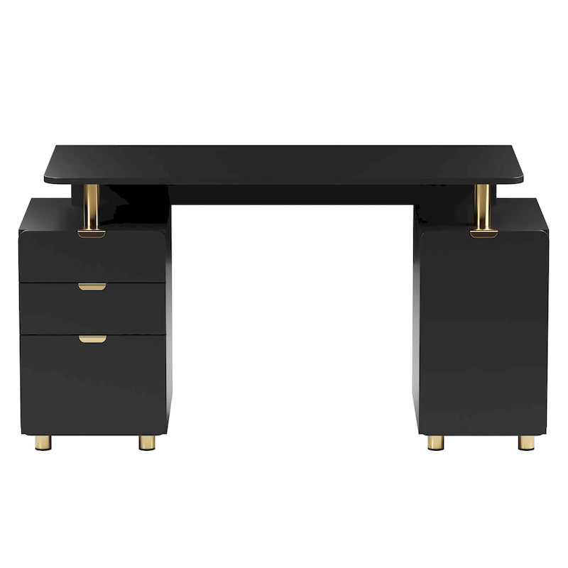 Bureau de direction blanc/noir et or avec 3 tiroirs et caisson, 1 personne