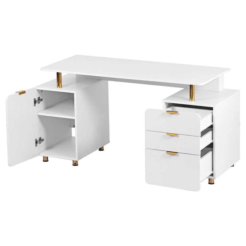 Bureau de direction blanc/noir et or avec 3 tiroirs et caisson, 1 personne