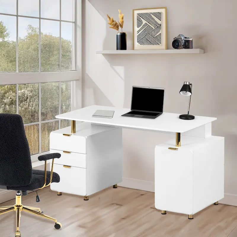 Bureau de direction blanc/noir et or avec 3 tiroirs et caisson, 1 personne