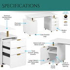 Bureau de direction blanc/noir et or avec 3 tiroirs et caisson, 1 personne